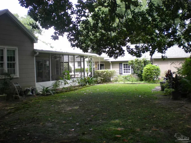 a garden view with a bench