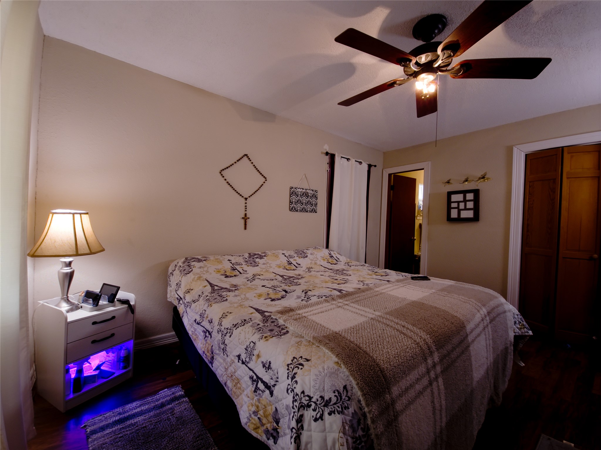 911 Brazos Street Lockhart, TX 78644 - Photo 11 of 22 Bedroom with a ceiling fan, dark wood-type flooring, and a closet