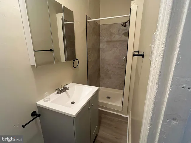 a bathroom with a sink mirror and shower
