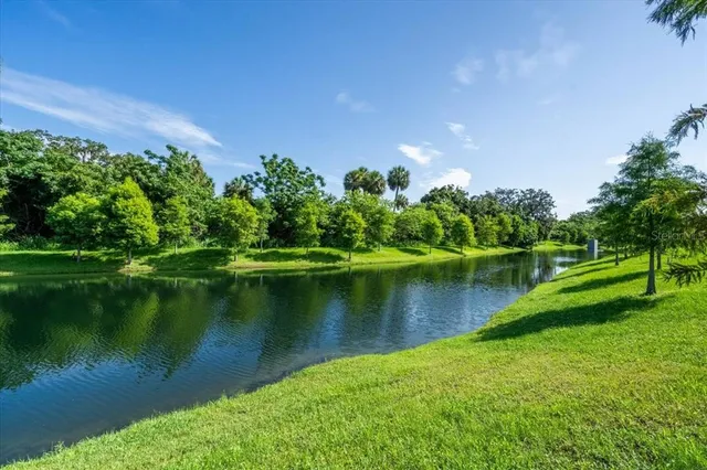 a view of a lake with a yard