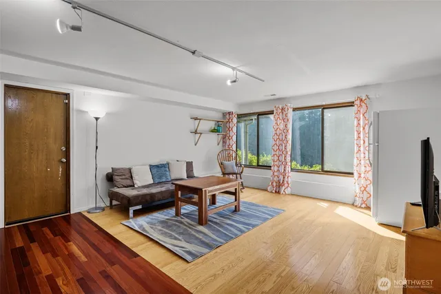 a living room with furniture rug and window