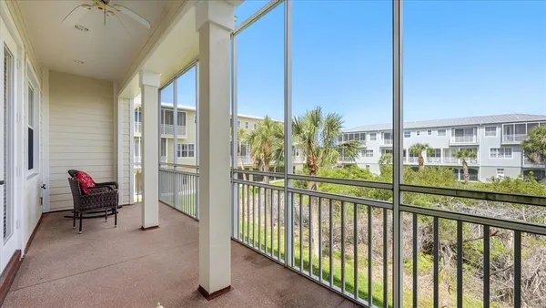a view of a swimming pool with a lawn chairs under palm tree