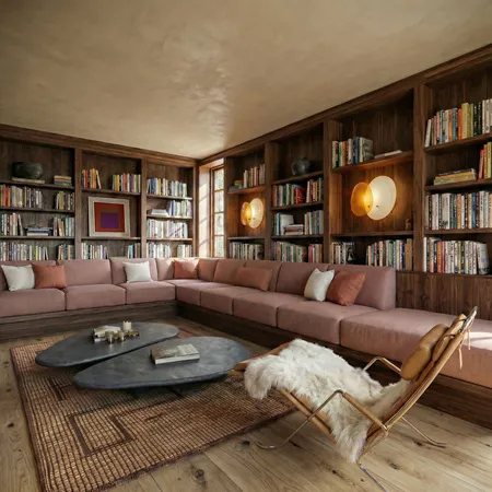 a living room with furniture and a book shelf