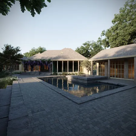 a house with swimming pool in front of it