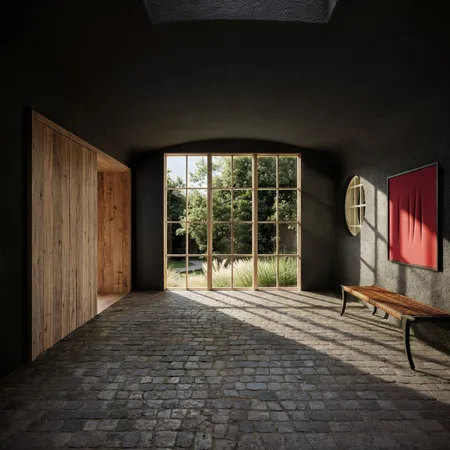 a view of a room with a large window and wooden floor