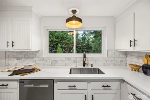 a kitchen with stainless steel appliances a sink a window and cabinets