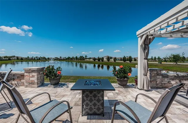 a view of a chairs and table in patio