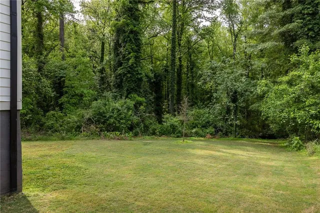 a view of a field with a trees in the background