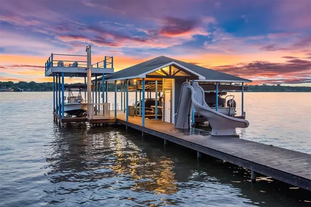a view of a lake with a large pool