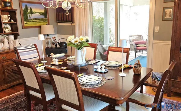 a view of a room with wooden floor and furniture