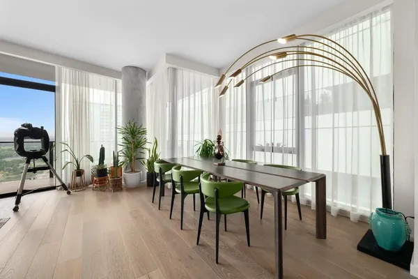 a workspace with furniture window and outside view
