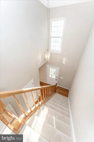 a view of staircase with lots of frames on wall and wooden floor