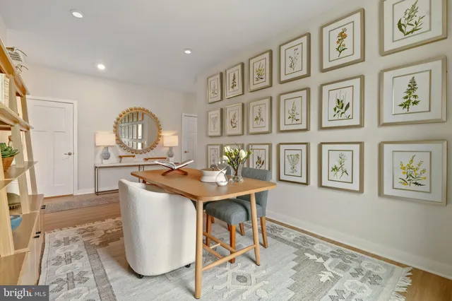 a view of a dining room with furniture