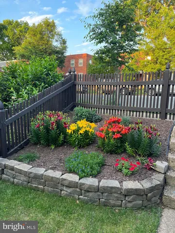 a garden view with a seating space