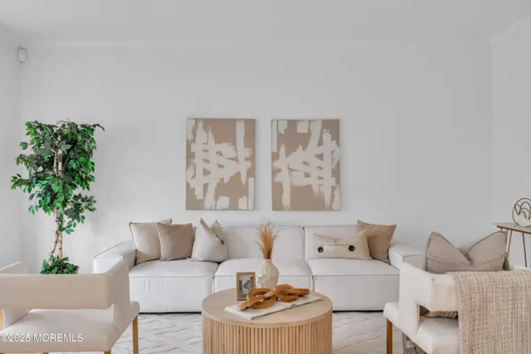 a living room with furniture and a potted plant
