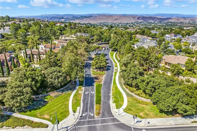 an aerial view of residential houses with outdoor space and trees