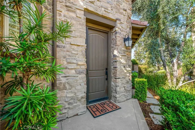 a couple of potted plants in front of door
