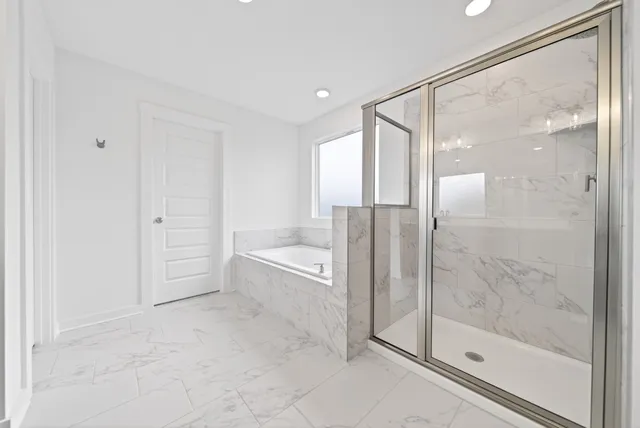 a bathroom with a bathtub and a shower