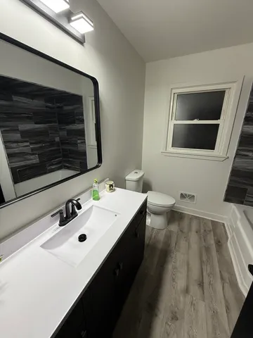 a bathroom with a sink a toilet and mirror