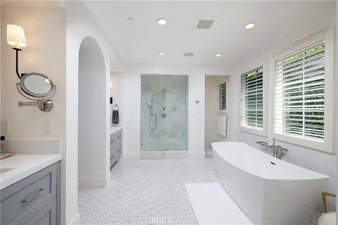 a bathroom with a double vanity sink a toilet and shower