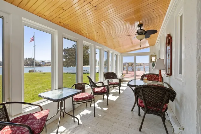 a living room with furniture and a floor to ceiling window
