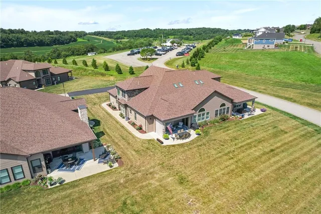 an aerial view of residential houses with outdoor space and trees
