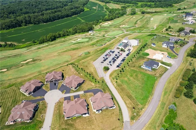 an aerial view of a swimming pool with a yard