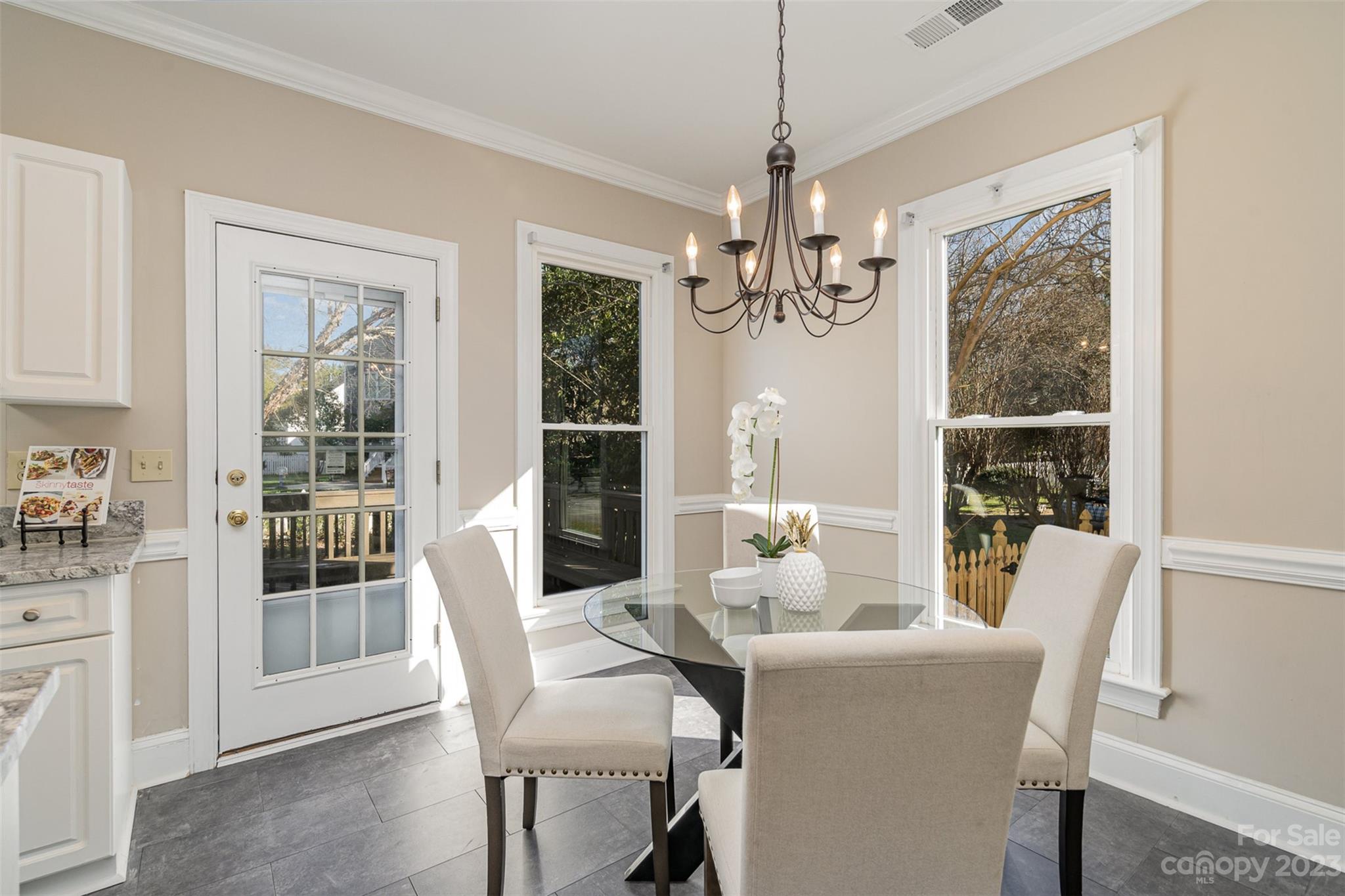 2906 Saintfield Place Charlotte, NC 28270 - Photo 14 of 37 a dining room with furniture large windows and a chandelier