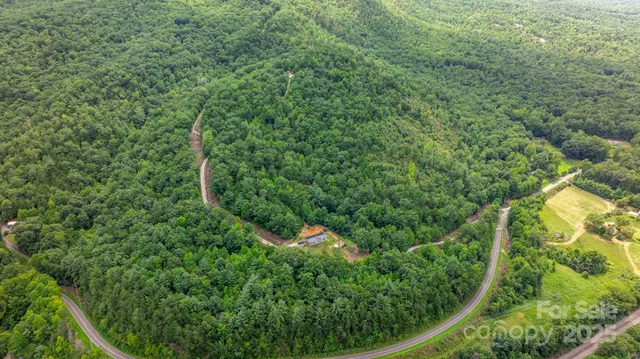 an aerial view of residential house with outdoor space and trees all around
