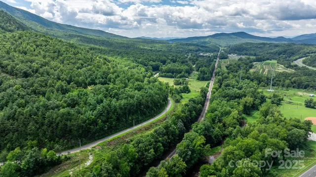 an aerial view of residential houses with outdoor space and trees