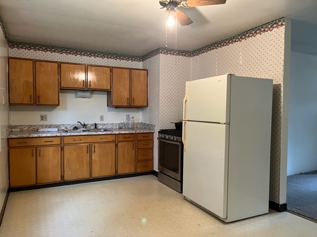939 Lakeview Drive Rochelle, IL 61068 - Photo 5 of 19 a kitchen with granite countertop a refrigerator a sink and white cabinets