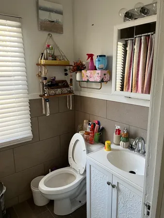 a bathroom with a toilet a sink and a window