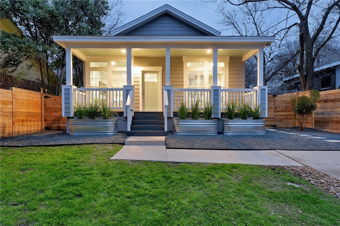 a garden view with a seating space