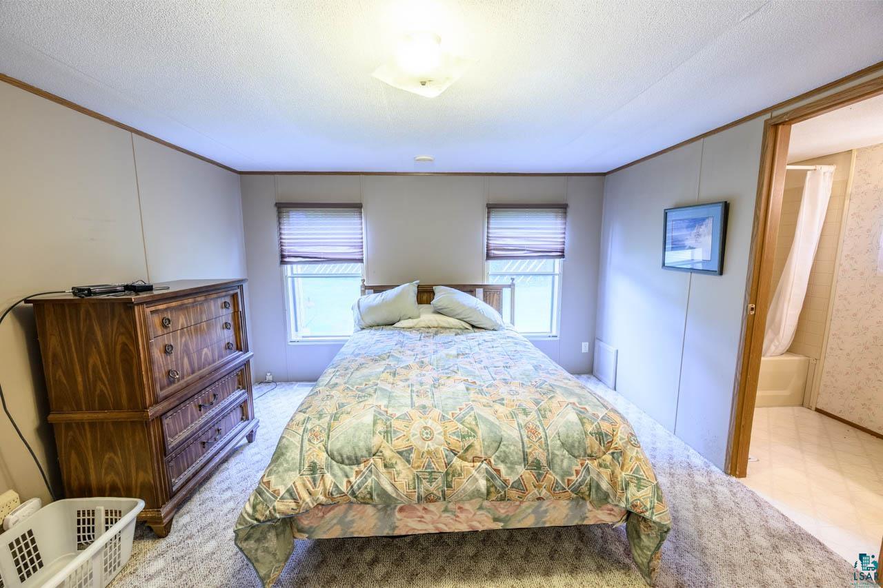 705 4th Street North Biwabik, MN 55708 - Photo 16 of 29 Carpeted bedroom featuring two windows with blinds, a ceiling-mounted light fixture, and direct access to a full bathroom