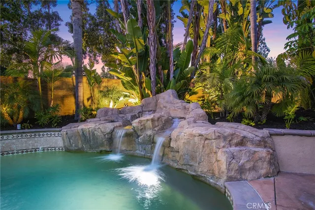 a view of a backyard with plants and large trees