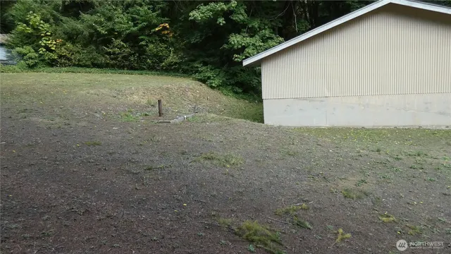 a view of a backyard with large trees