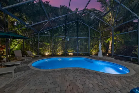 a view of a swimming pool with a patio and a yard