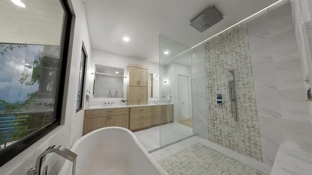 a bathroom with a bathtub and a shower