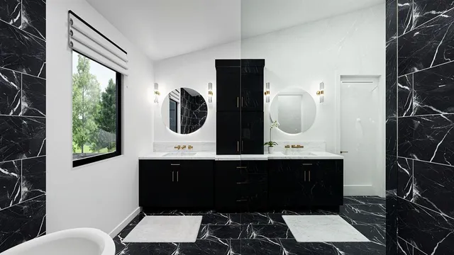 a bathroom with a double vanity sink mirror and toilet