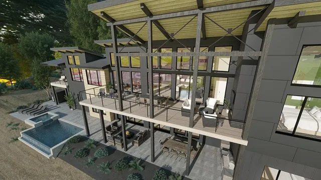 a view of a balcony with chairs and floor to ceiling window