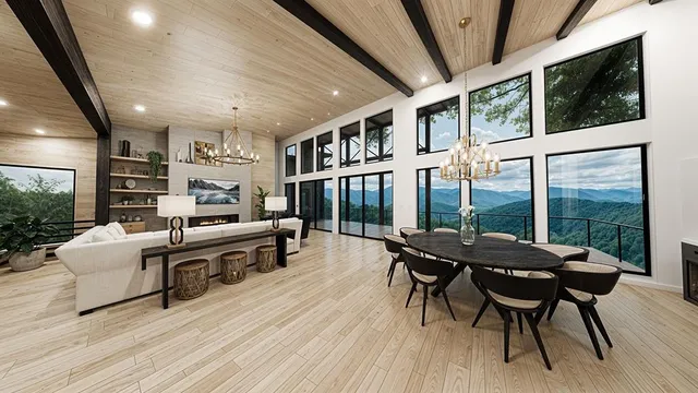 a living room with furniture a flat screen tv and a floor to ceiling window