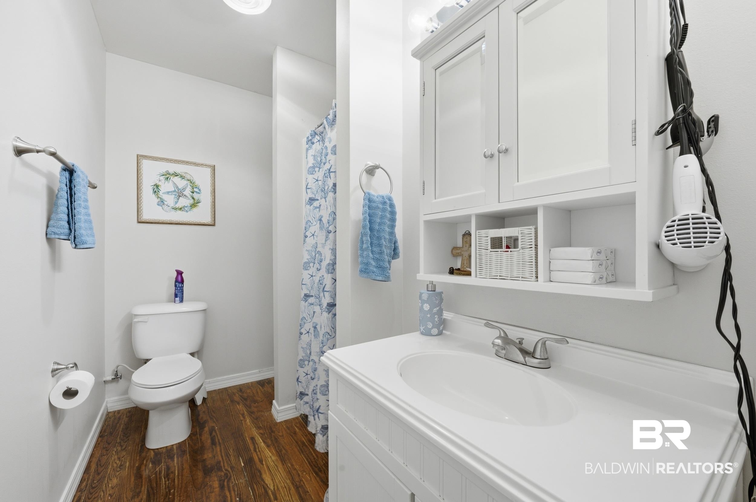 42080 Bayou Road Bay Minette, AL 36507 - Photo 19 of 43 Bathroom with wood-finish flooring, a white vanity, and an integrated sink