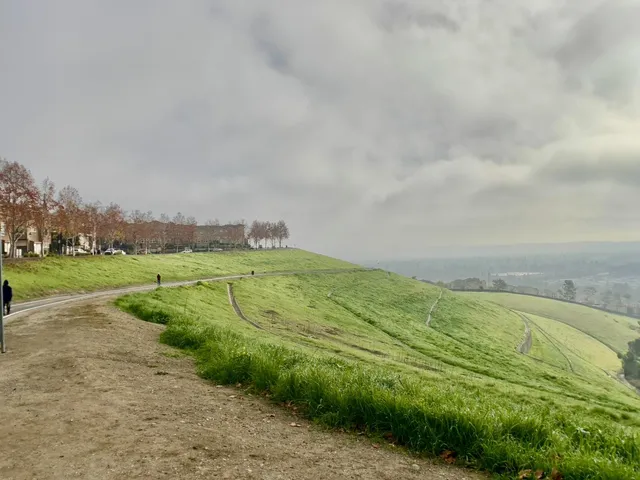 a view of a park with swings and slides