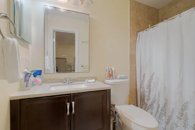 a bathroom with a sink a toilet a mirror and shower curtain