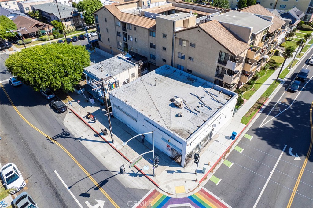 an aerial view of a house with a garden space