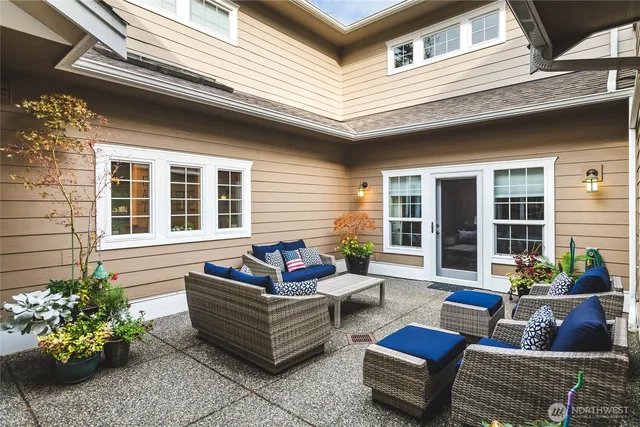 a building outdoor space with patio furniture