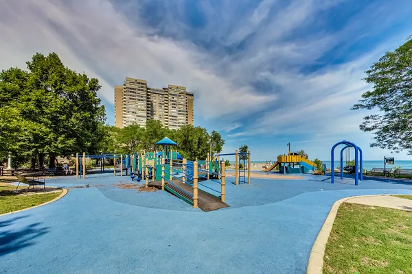 a view of a park with slide