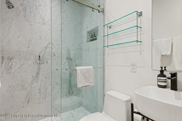 a bathroom with a shower toilet and sink