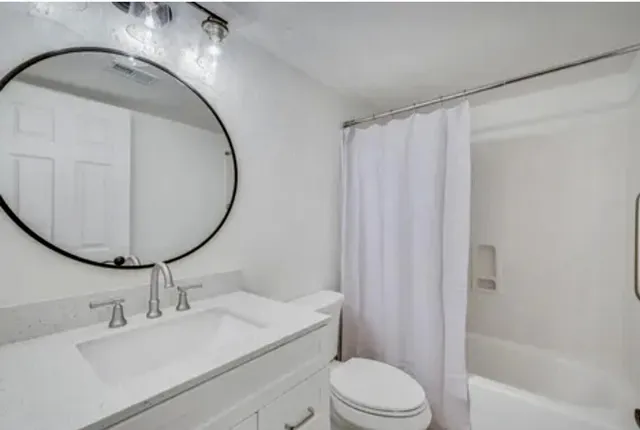 a bathroom with a sink a toilet and a mirror