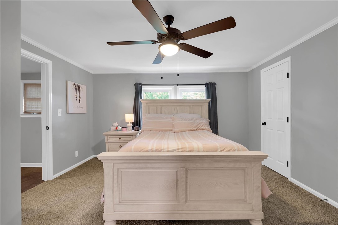 115 May Street Easley, SC 29640 - Photo 11 of 25 Crown molding frames the bedroom ceiling above soft carpeted flooring.